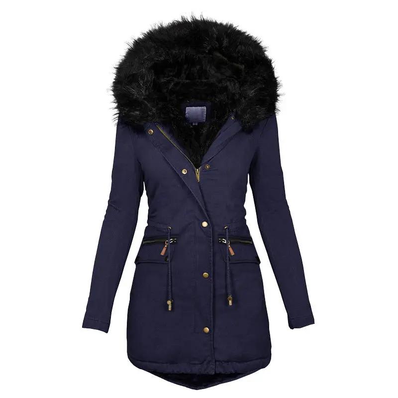 Women's Solid Colorfur Collar Hooded Mid-length Warm Cotton Coat Cjdropshipping