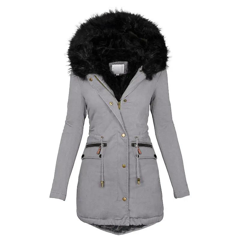 Women's Solid Colorfur Collar Hooded Mid-length Warm Cotton Coat Cjdropshipping