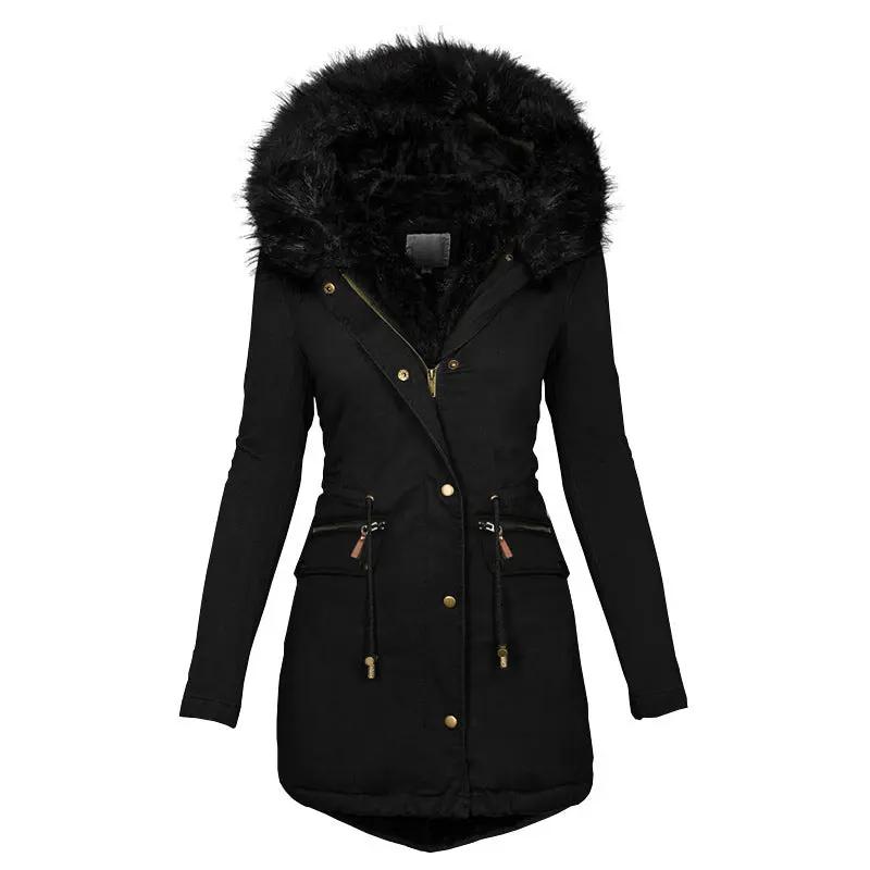 Women's Solid Colorfur Collar Hooded Mid-length Warm Cotton Coat Cjdropshipping