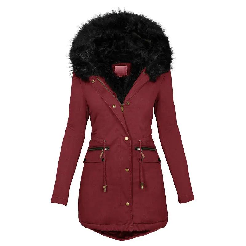 Women's Solid Colorfur Collar Hooded Mid-length Warm Cotton Coat Cjdropshipping