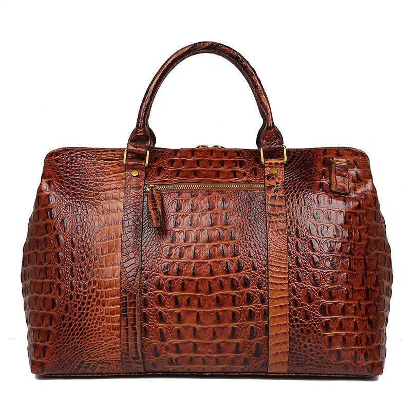 Brown Croc Print Real Leather Duffle Bag For Weekend Traveling Cjdropshipping