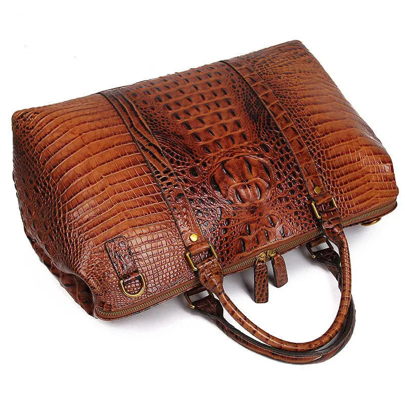 Brown Croc Print Real Leather Duffle Bag For Weekend Traveling Cjdropshipping