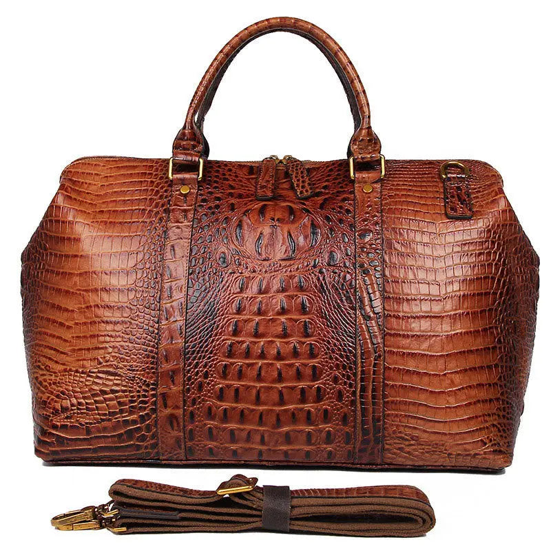 Brown Croc Print Real Leather Duffle Bag For Weekend Traveling Cjdropshipping