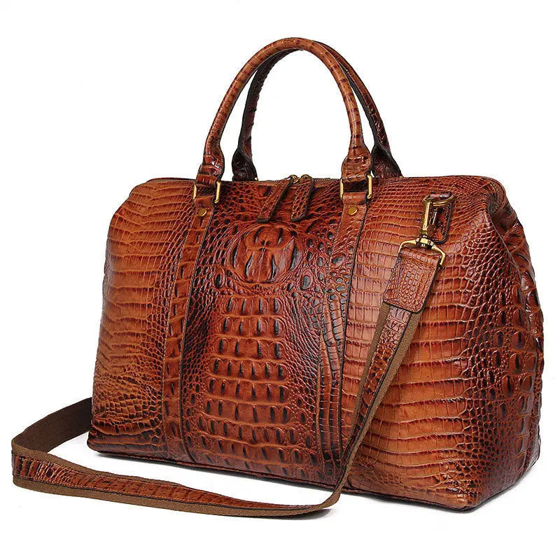 Brown Croc Print Real Leather Duffle Bag For Weekend Traveling Cjdropshipping