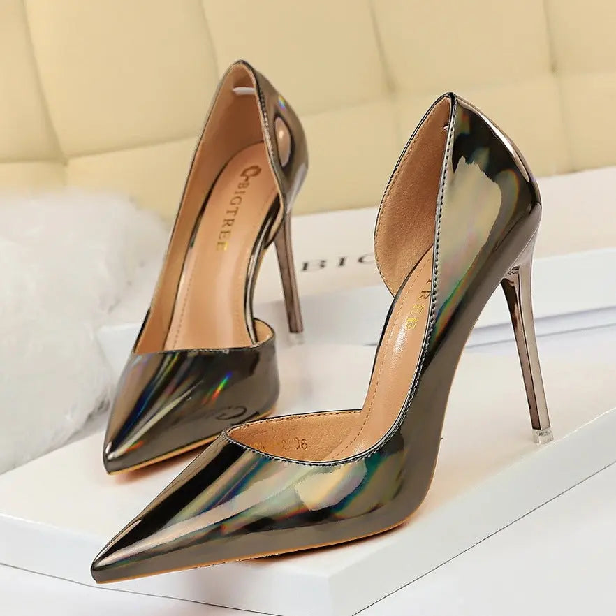 Metallic High Heels Stiletto High Heel Side Hollow Sexy Nightclub Women's Singles Shoes Cjdropshipping
