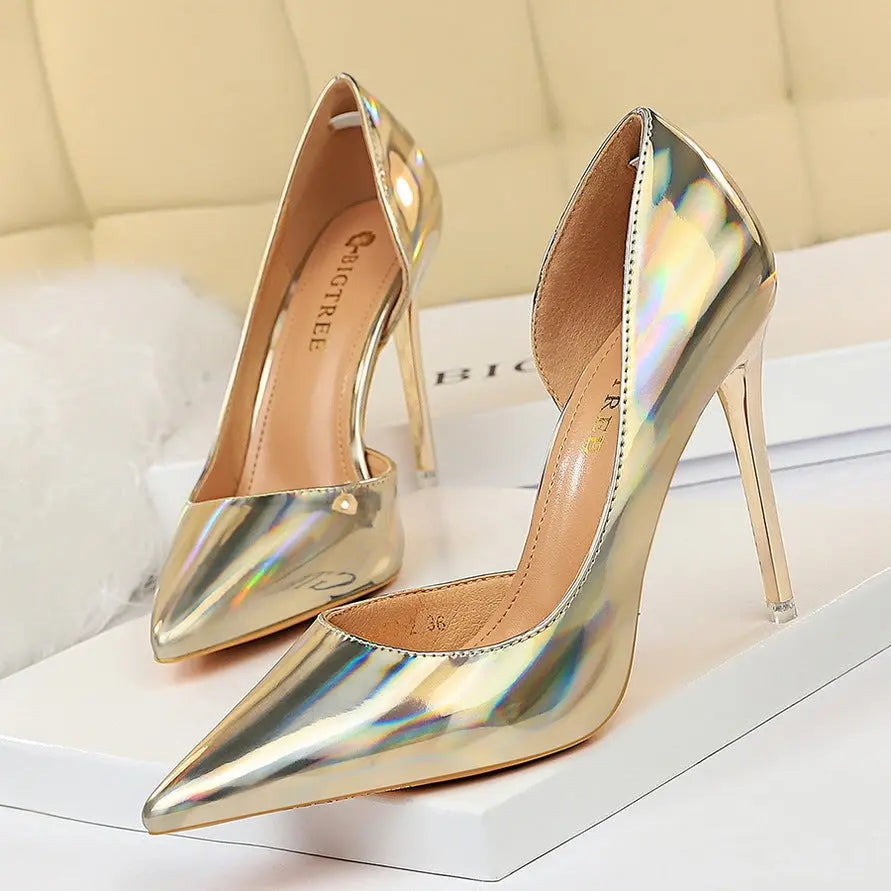 Metallic High Heels Stiletto High Heel Side Hollow Sexy Nightclub Women's Singles Shoes Cjdropshipping