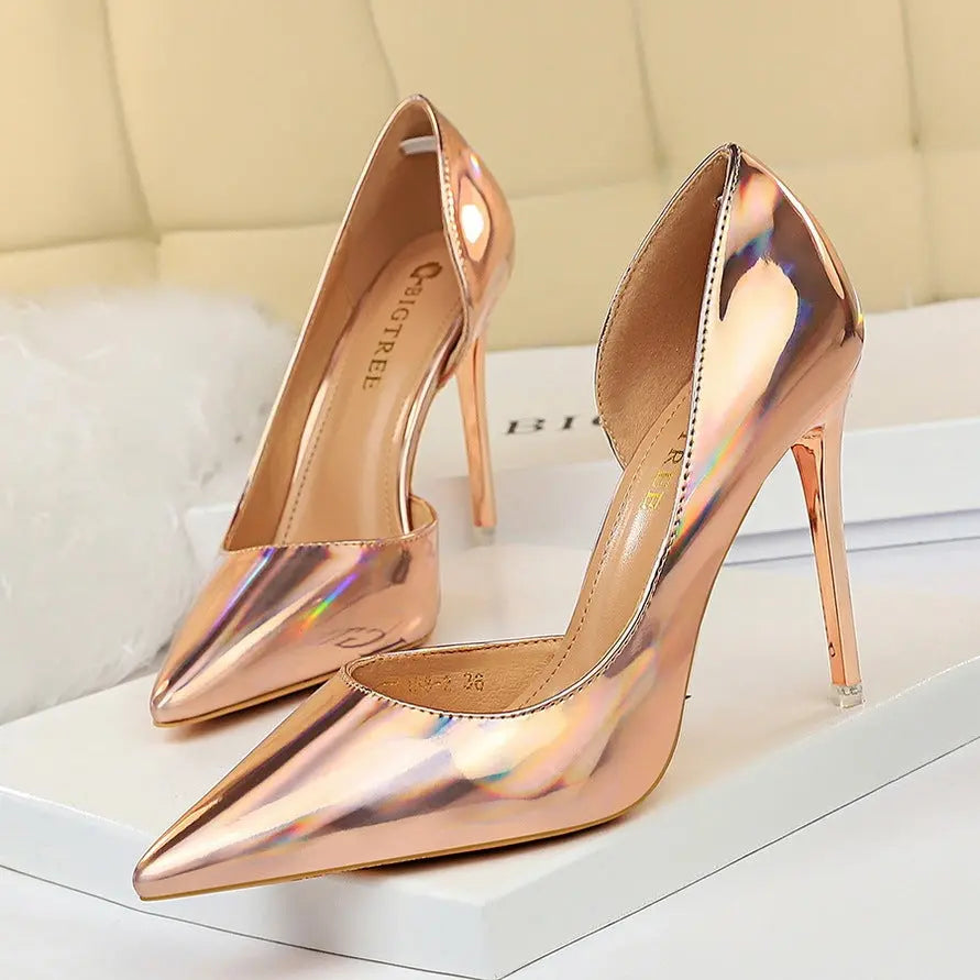 Metallic High Heels Stiletto High Heel Side Hollow Sexy Nightclub Women's Singles Shoes Cjdropshipping