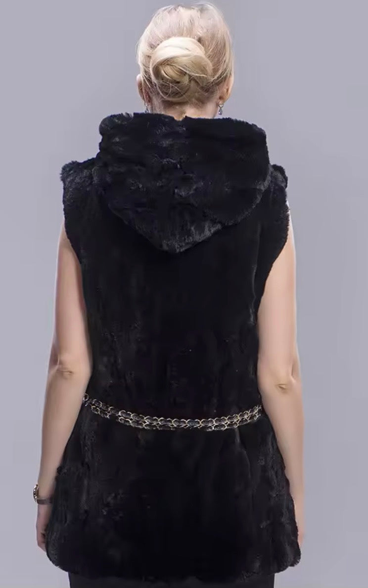 Luxury 3-Piece Real Fur Set: Genuine Rabbit Fur Hooded Vest, Mink Fur Bucket Bag, and Matching Mink Fur Arm Warmers
