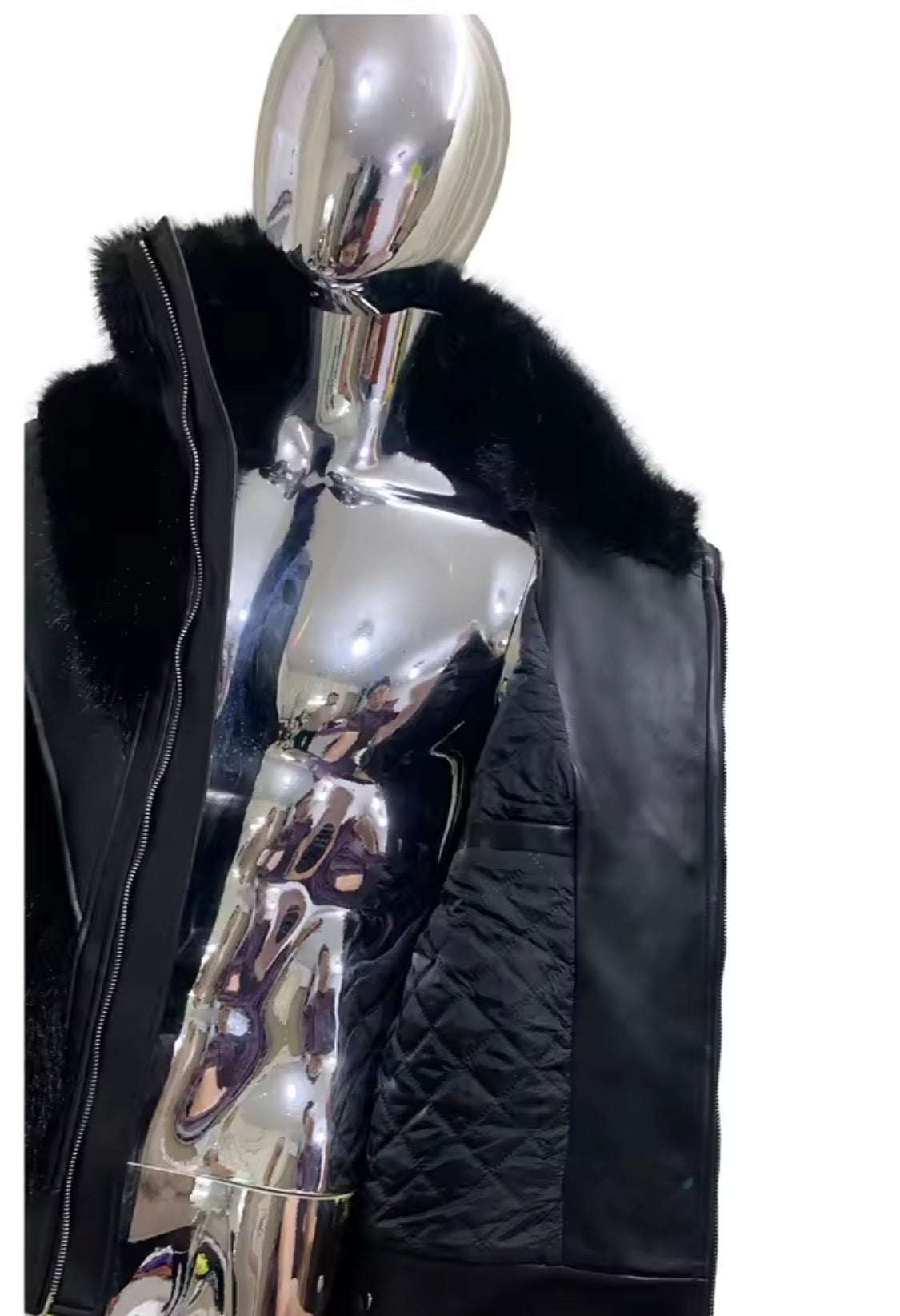 Men's Luxury Faux Fur & Leather Bomber Jacket – Winter Statement Outerwear with Stand Collar & Buckle Cuffs