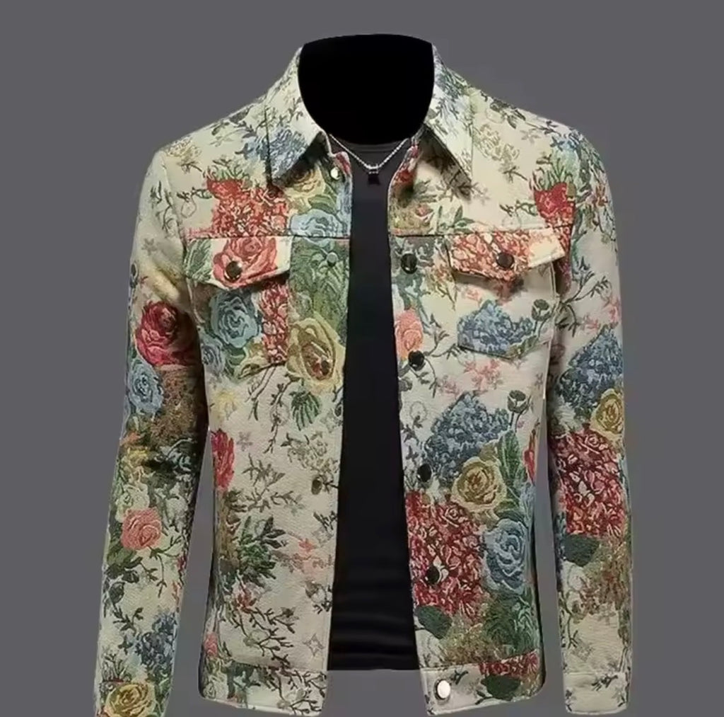 Vintage Inspired Jacquard Floral Men’s Trucker Jacket, Textured Tapestry Western Coat