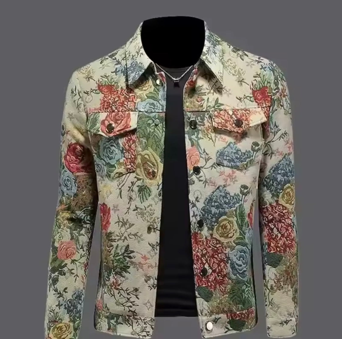 Vintage Inspired Jacquard Floral Men’s Trucker Jacket, Textured Tapestry Western Coat