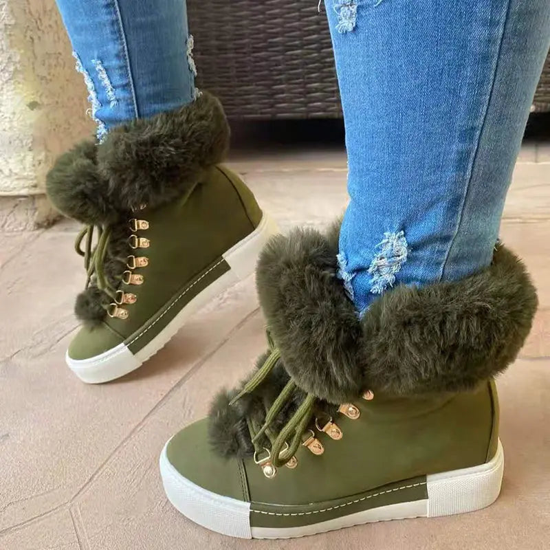 Lace-up Boots Cute Thick Sole Heighten Non Slip Snow Shoes Fall Winter Keep Warm Plush Lined Furry Ankle Boots Outdoor Walking Flat Shoes Dropshipman
