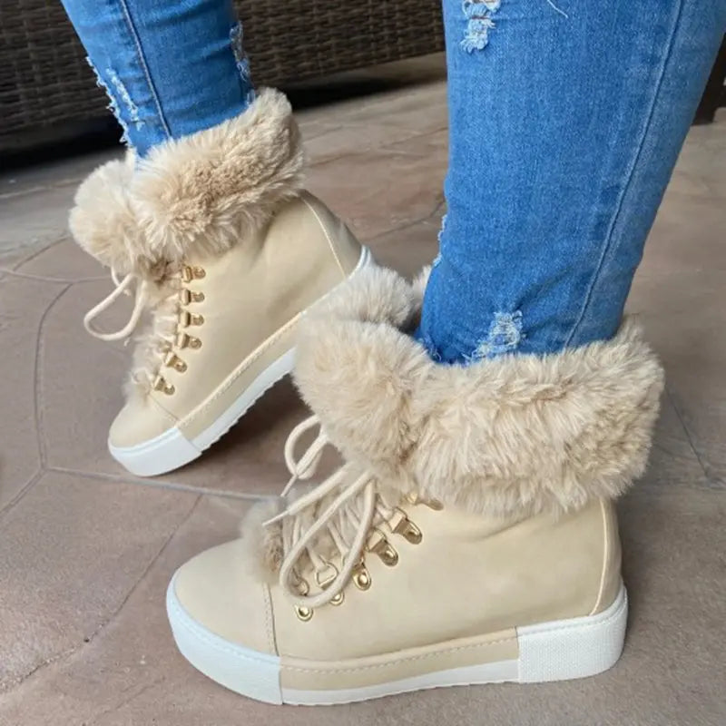 Lace-up Boots Cute Thick Sole Heighten Non Slip Snow Shoes Fall Winter Keep Warm Plush Lined Furry Ankle Boots Outdoor Walking Flat Shoes Dropshipman