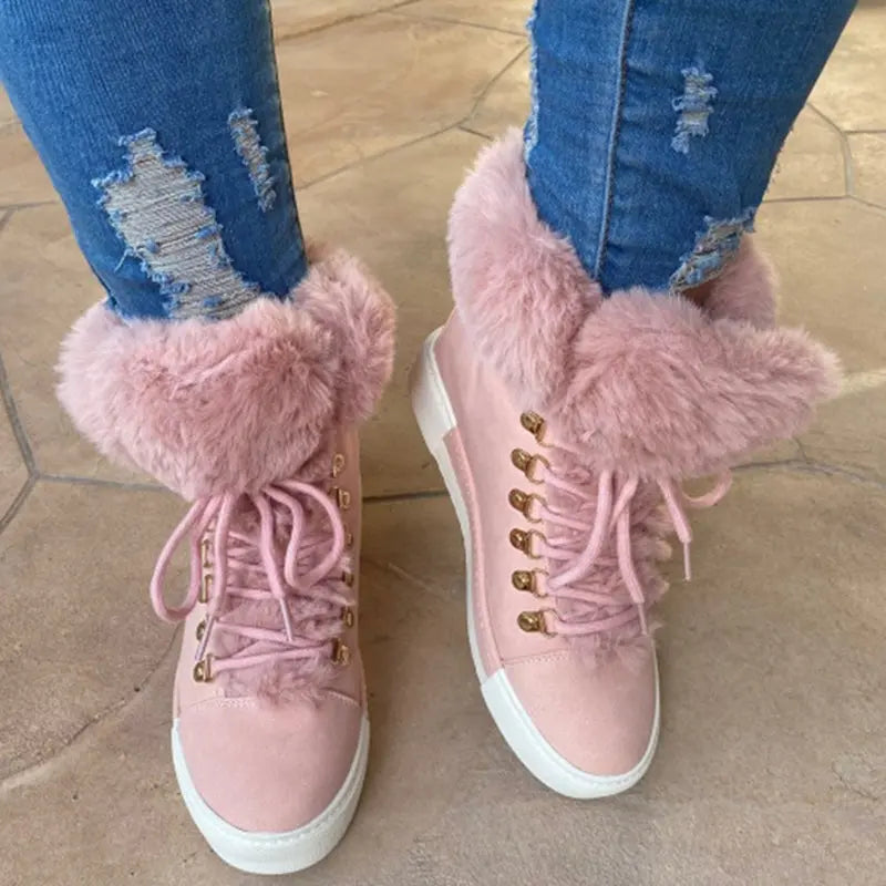 Lace-up Boots Cute Thick Sole Heighten Non Slip Snow Shoes Fall Winter Keep Warm Plush Lined Furry Ankle Boots Outdoor Walking Flat Shoes Dropshipman