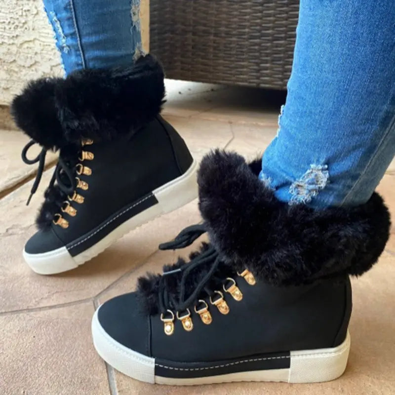Lace-up Boots Cute Thick Sole Heighten Non Slip Snow Shoes Fall Winter Keep Warm Plush Lined Furry Ankle Boots Outdoor Walking Flat Shoes Dropshipman