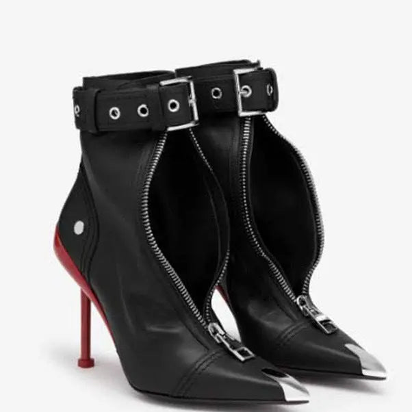 Shaped High Heeled Metal Pointed Buckle Boots