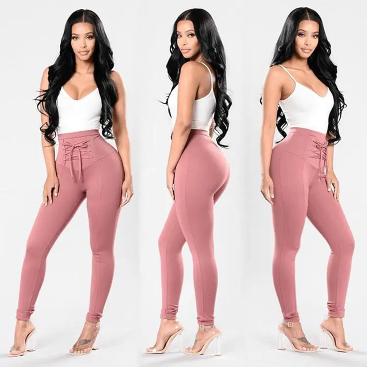 Women's Plus Size Pure Color Cotton Trousers Lace-up Pencil Pants JNi3 shop