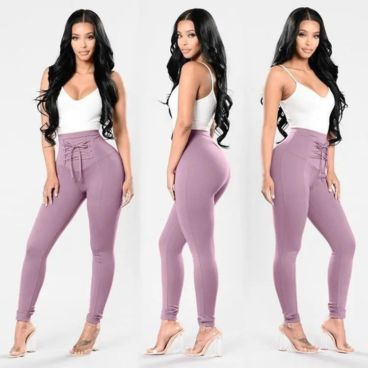 Women's Plus Size Pure Color Cotton Trousers Lace-up Pencil Pants JNi3 shop