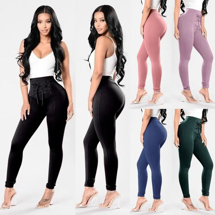 Women's Plus Size Pure Color Cotton Trousers Lace-up Pencil Pants JNi3 shop