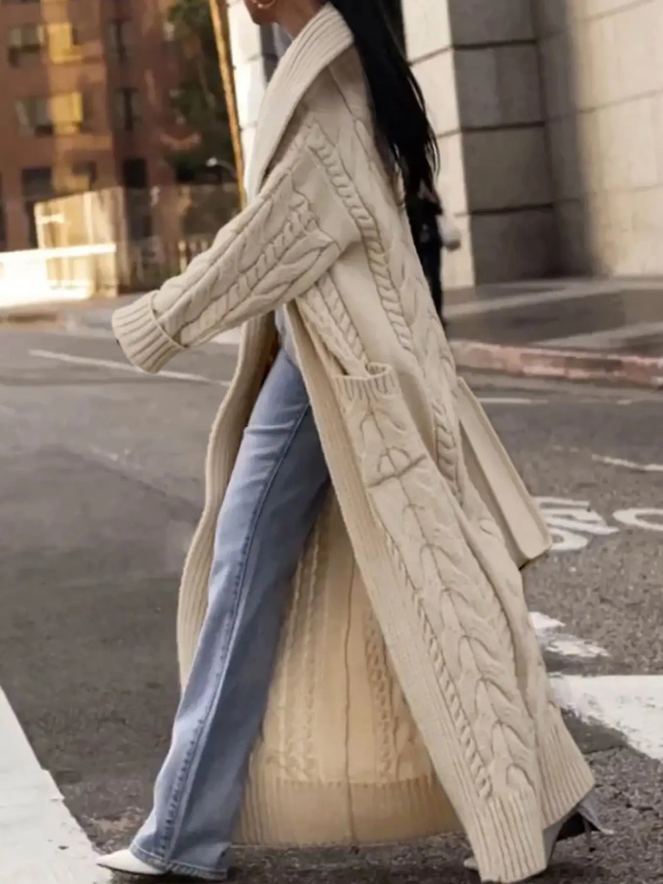 Women's Solid Color Thick Hemp Flowers Large Lapel Long Cardigan Sweater Coat Cjdropshipping