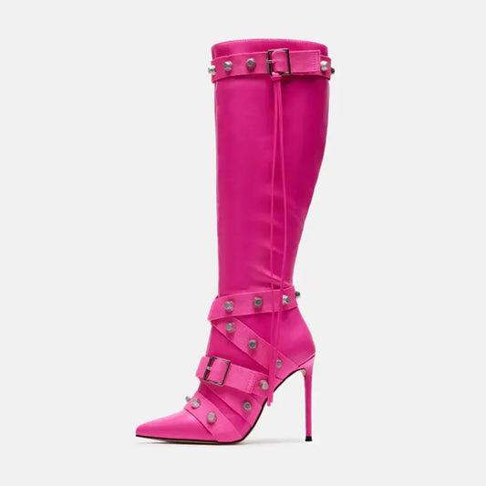 Metal Leathern Pointed Stiletto Heel High Leg Boot Rivet Dropshipman