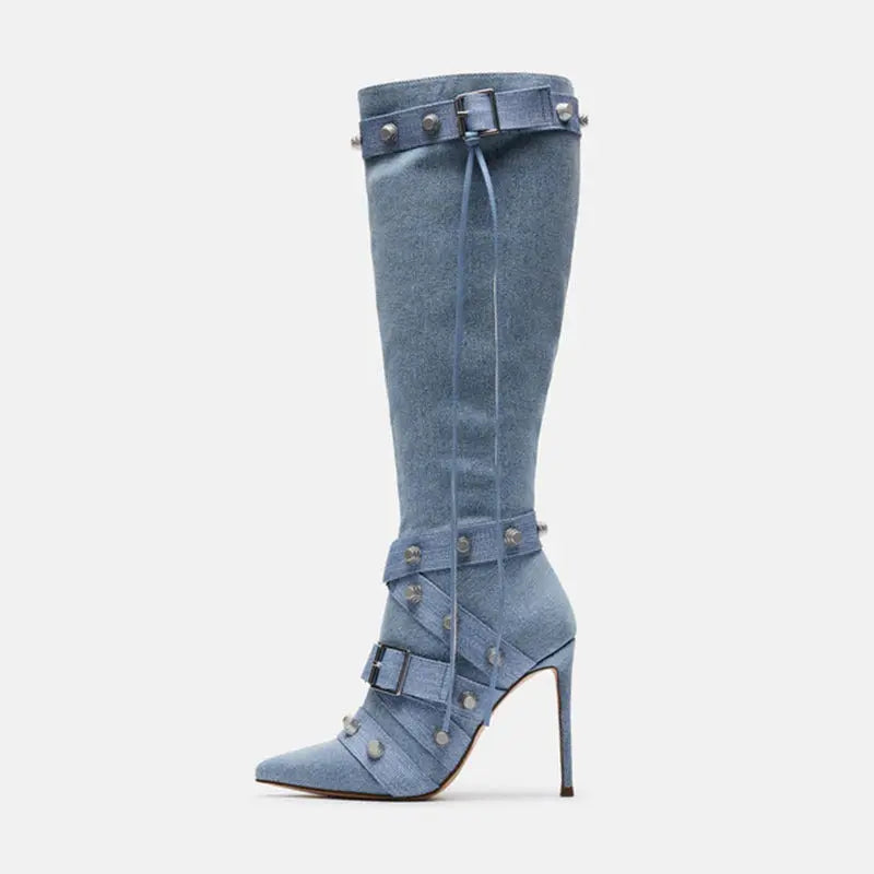 Metal Leathern Pointed Stiletto Heel High Leg Boot Rivet Dropshipman