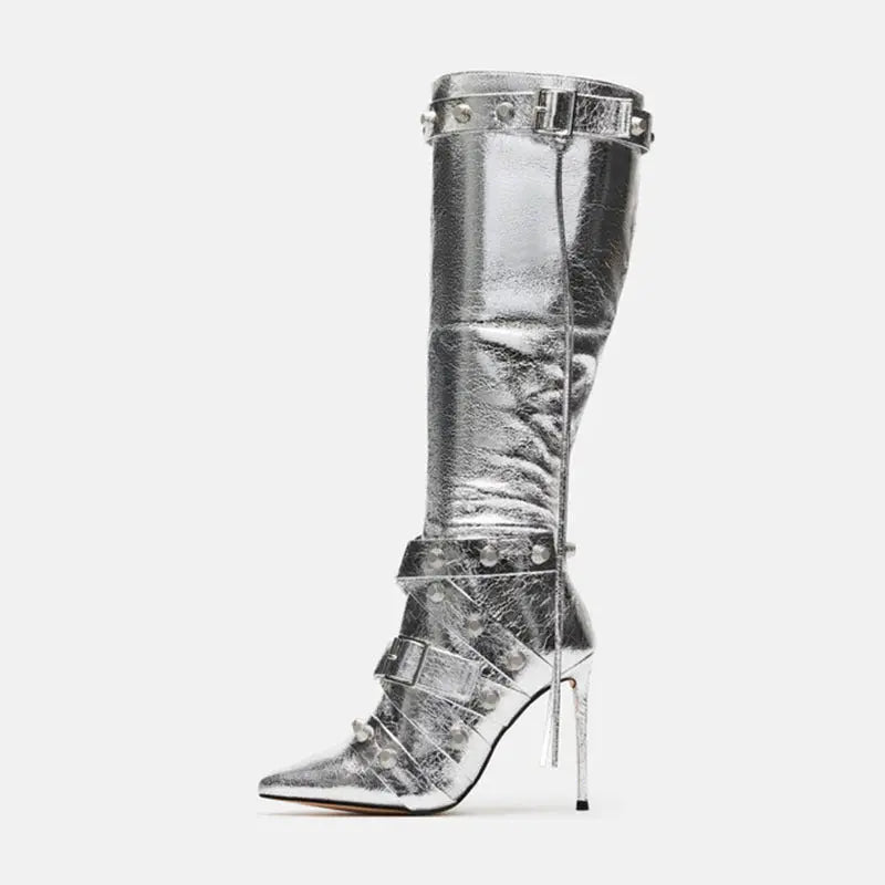Metal Leathern Pointed Stiletto Heel High Leg Boot Rivet Dropshipman