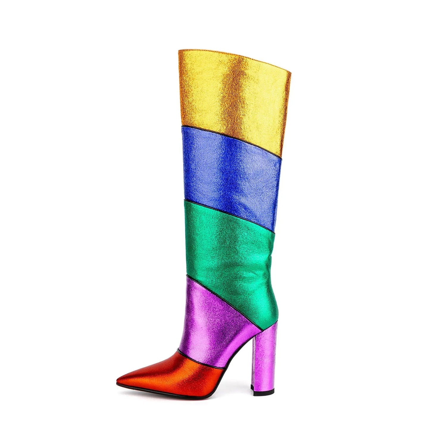 Tribal Card Metal Rainbow Color-blocking Pointed Chunky Heel Middle Boots Dropshipman