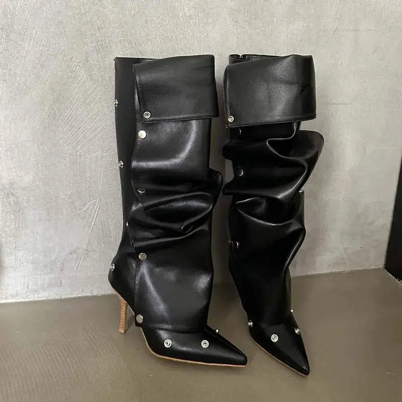 Women's Fashion Buckle Stitching Stiletto Heel Denim Pleated Pile Style Boots Dropshipman