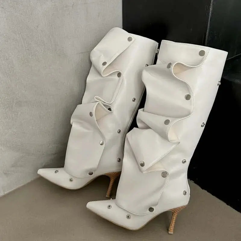 Women's Fashion Buckle Stitching Stiletto Heel Denim Pleated Pile Style Boots Dropshipman