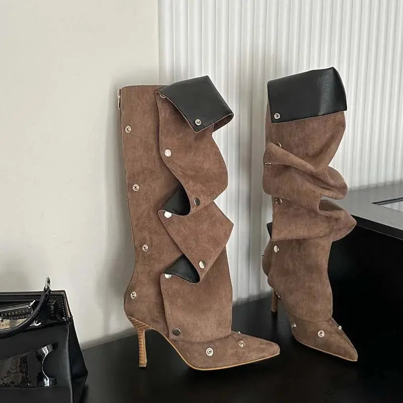 Women's Fashion Buckle Stitching Stiletto Heel Denim Pleated Pile Style Boots Dropshipman