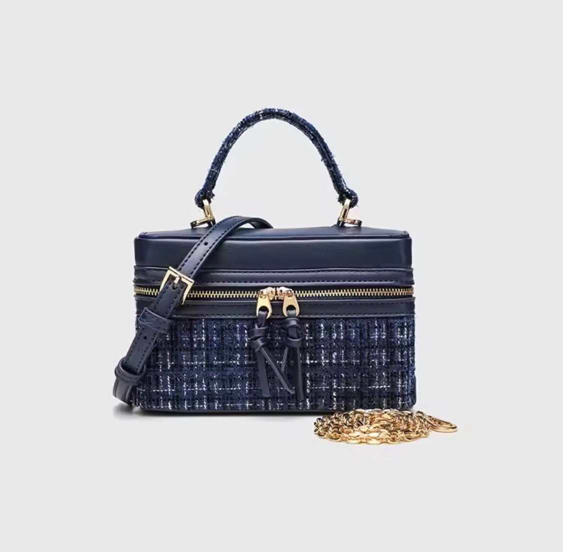 The Baroque Sapphire Complete Outfit Set | Navy Blue Tweed Bow-Tie Dress, Matching Stiletto Heels, Structured Vanity Handbag & Gold Birthstone Jewelry Set | Luxury Boutique Curated Collection