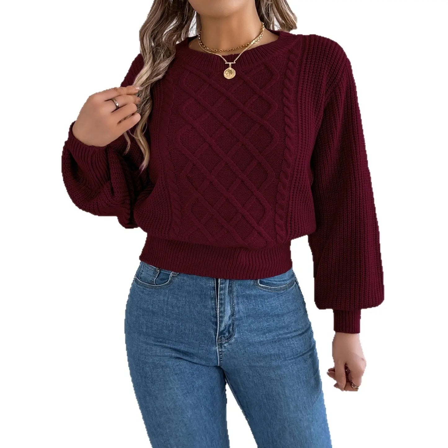 Solid Color Twist Lantern Long Sleeve Fitted Waist Sweater Women's Clothing JNi3 shop