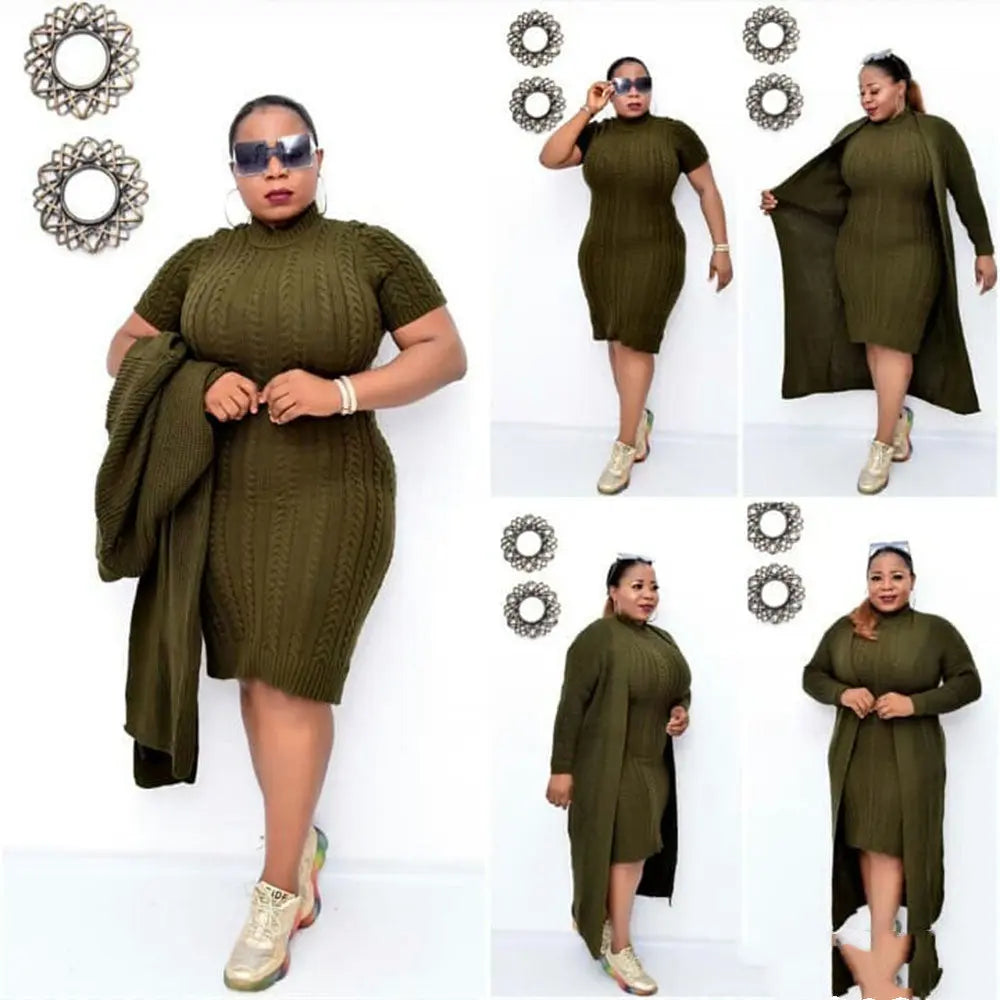 Women Big Size Knitted Dress Long Coat Two Piece Suit Cjdropshipping