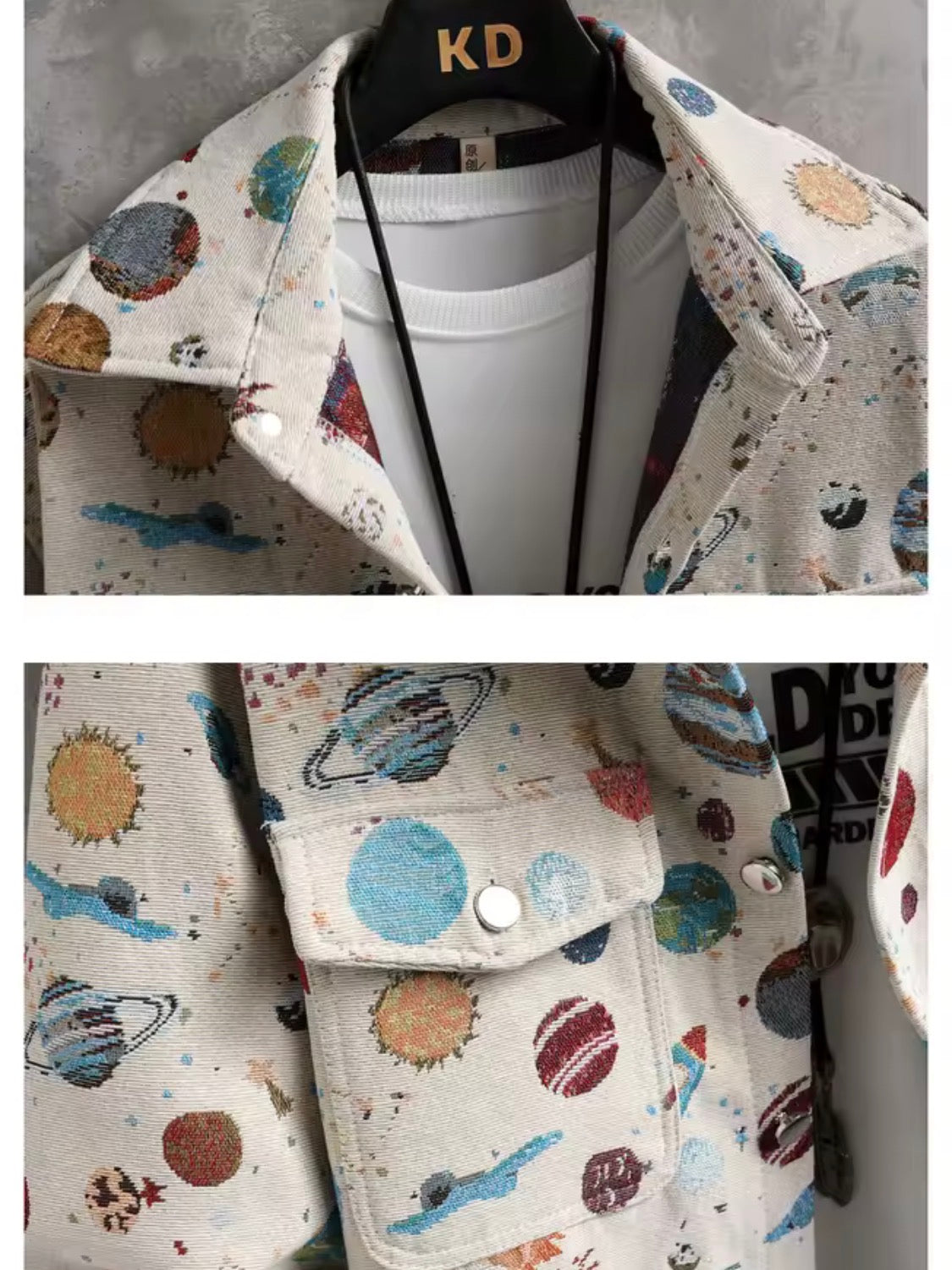 Thick Retro Men's Tapestry Jacket | Vintage Inspired Graffiti and Solar System Streetwear Shacket | Heavyweight Patterned Button-Down Coat