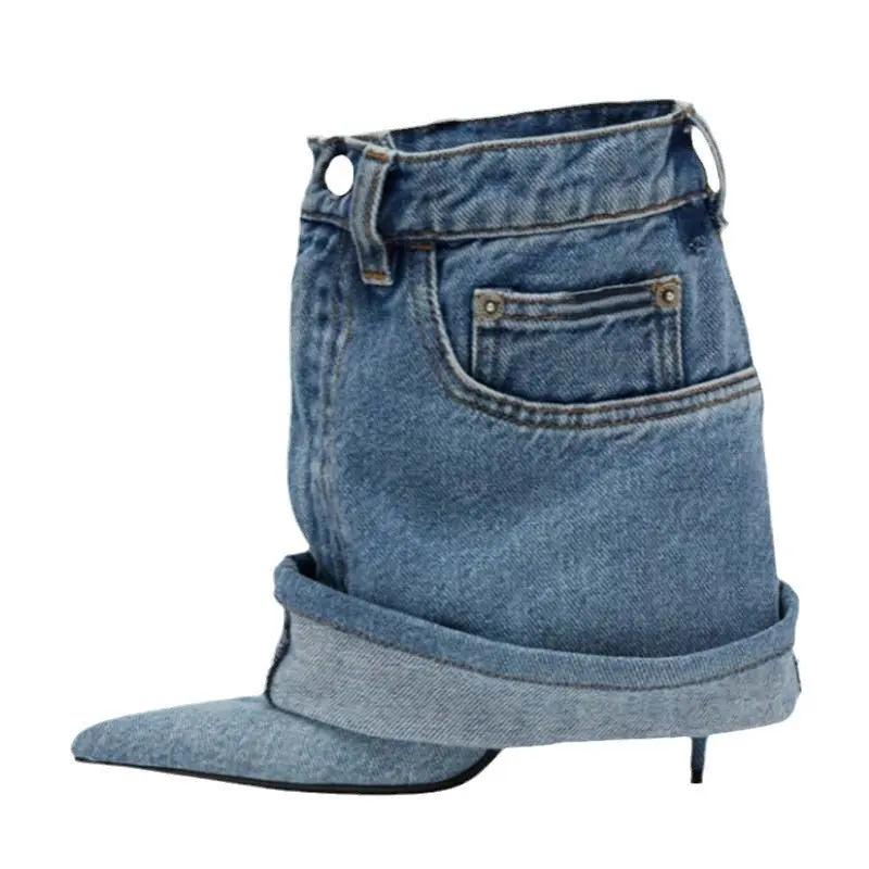 Pointed-toe Washed Denim Pantskirt Stiletto Heel Ankle Boots Cjdropshipping