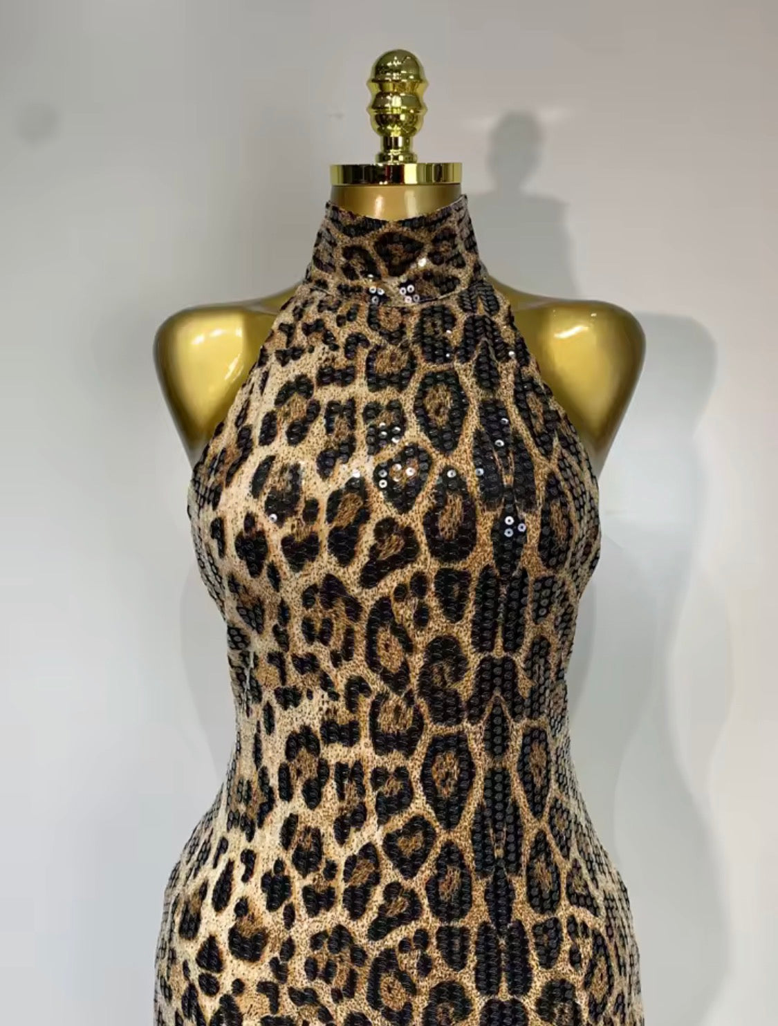 Sequin Leopard Print Prom Dress, Halter Neck Backless Evening Gown, Glam Mermaid High Collar Formal Dress, Animal Print Party Dress