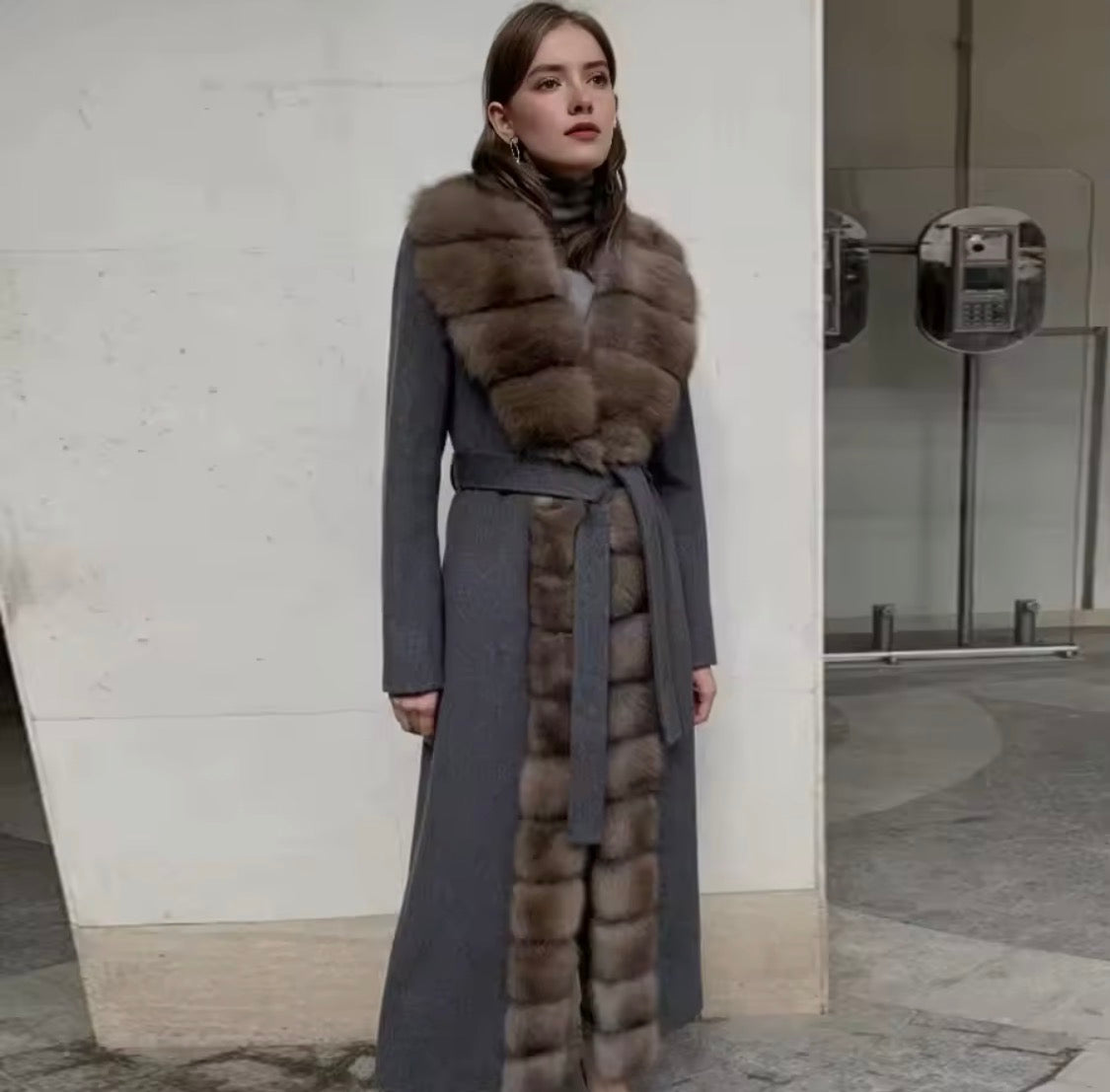 Long Luxury Wool & Cashmere Blend Coat for Women – Winter Warmth with a Genuine Silver Fox Fur Trim & Belted Waist