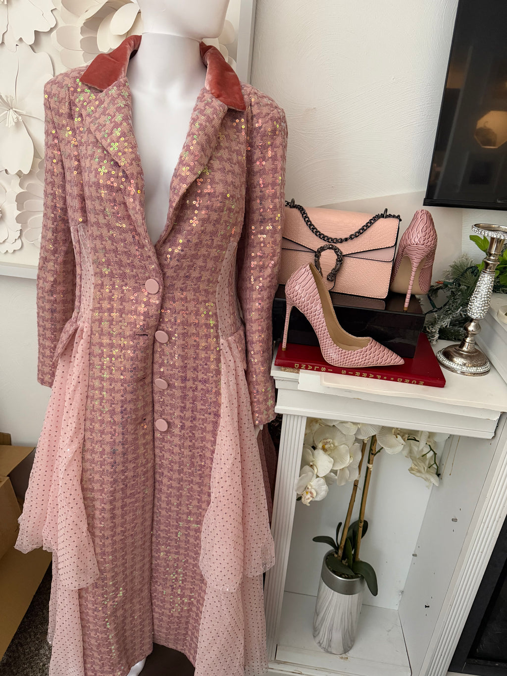 Stunning pink Sequins Mesh Layered Trench Coat – Elegant Evening Outerwear