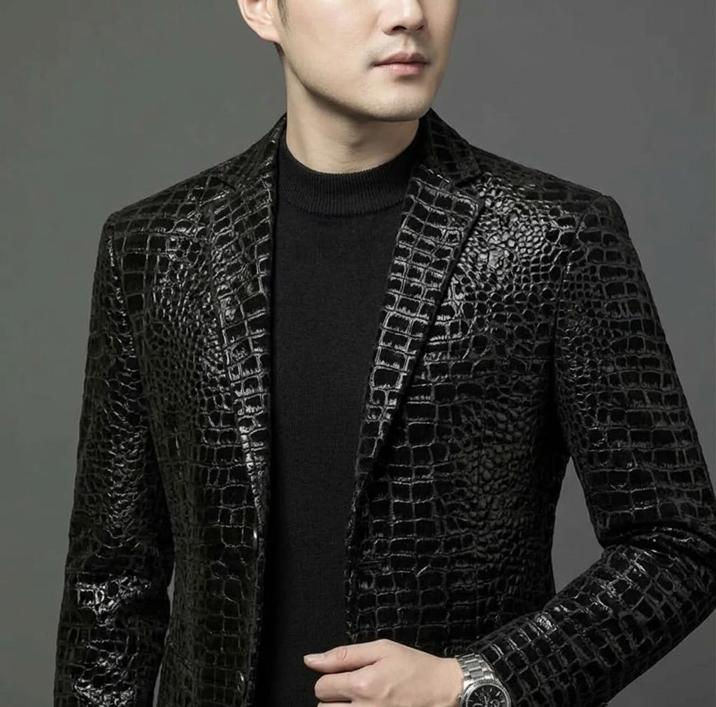 Men's Genuine Sheepskin Leather Blazer Jacket, Luxury Textured Pattern Slim Fit Sport Coat, Black Leather Tuxedo Blazer for Men, Gift for Him