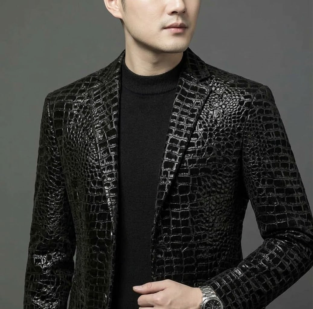 Men's Genuine Sheepskin Leather Blazer Jacket, Luxury Textured Pattern Slim Fit Sport Coat, Black Leather Tuxedo Blazer for Men, Gift for Him