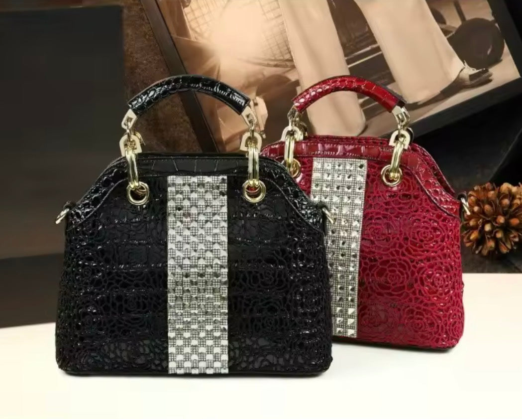 Luxury Crocodile Pattern Lacquer Leather Handbag – Rhinestone Diamond Inlaid Rose Embossed Single Shoulder & Crossbody Bag