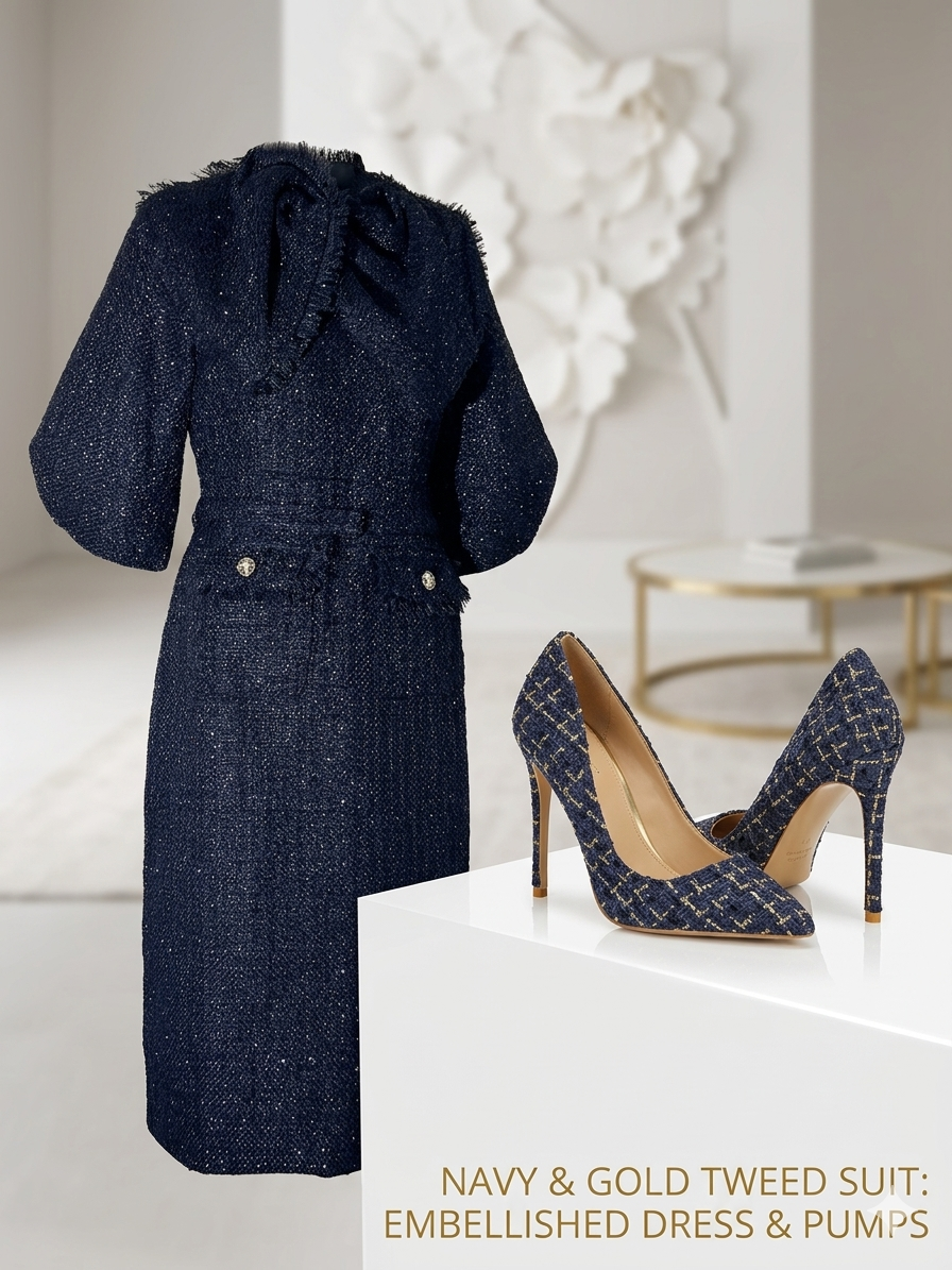 Navy Blue Tweed Belted Midi Dress and Pointed-Toe 12cm Stiletto Pump Set | 2-Piece