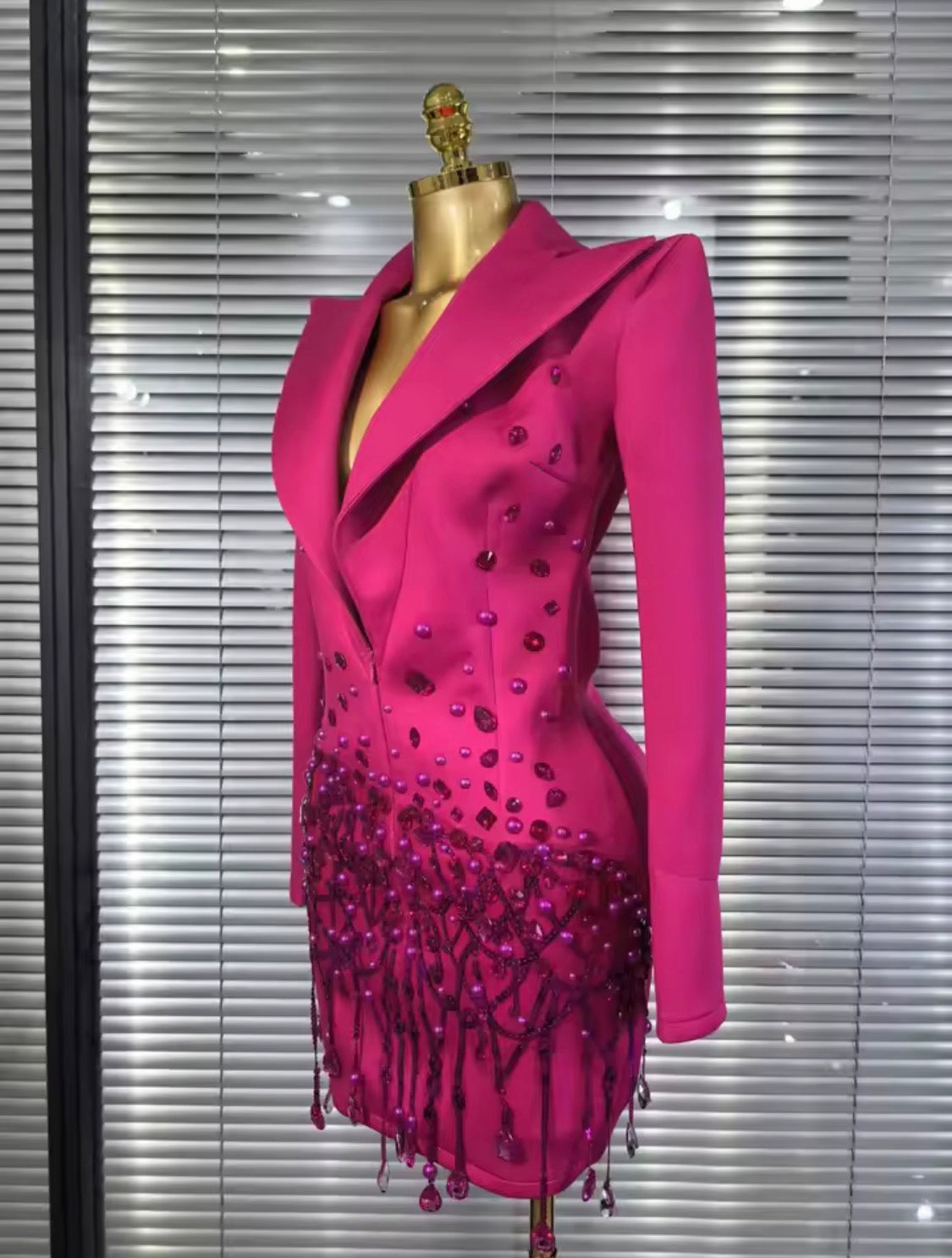Luxury Crystal Rhinestone Blazer Mini Dress, Beaded Fringe Formal Party Gown, Sculptural Lapel Evening Cocktail Dress, Birthday Outfit Women