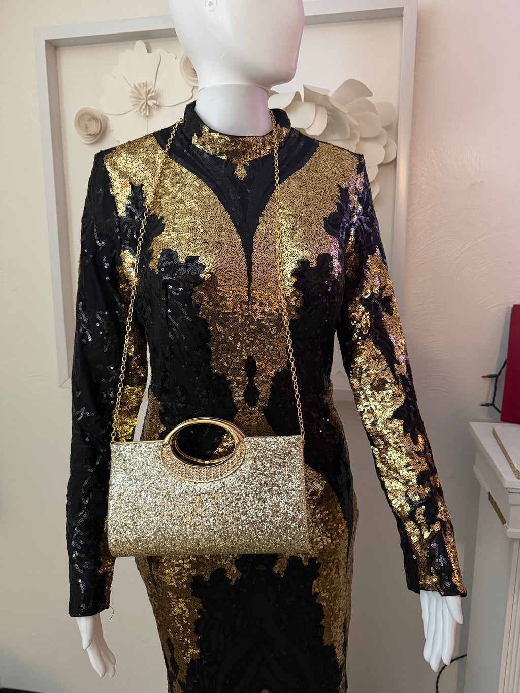 3 piece Black & Gold Sequin Evening Gown with Black Pumps and Gold Clutch set