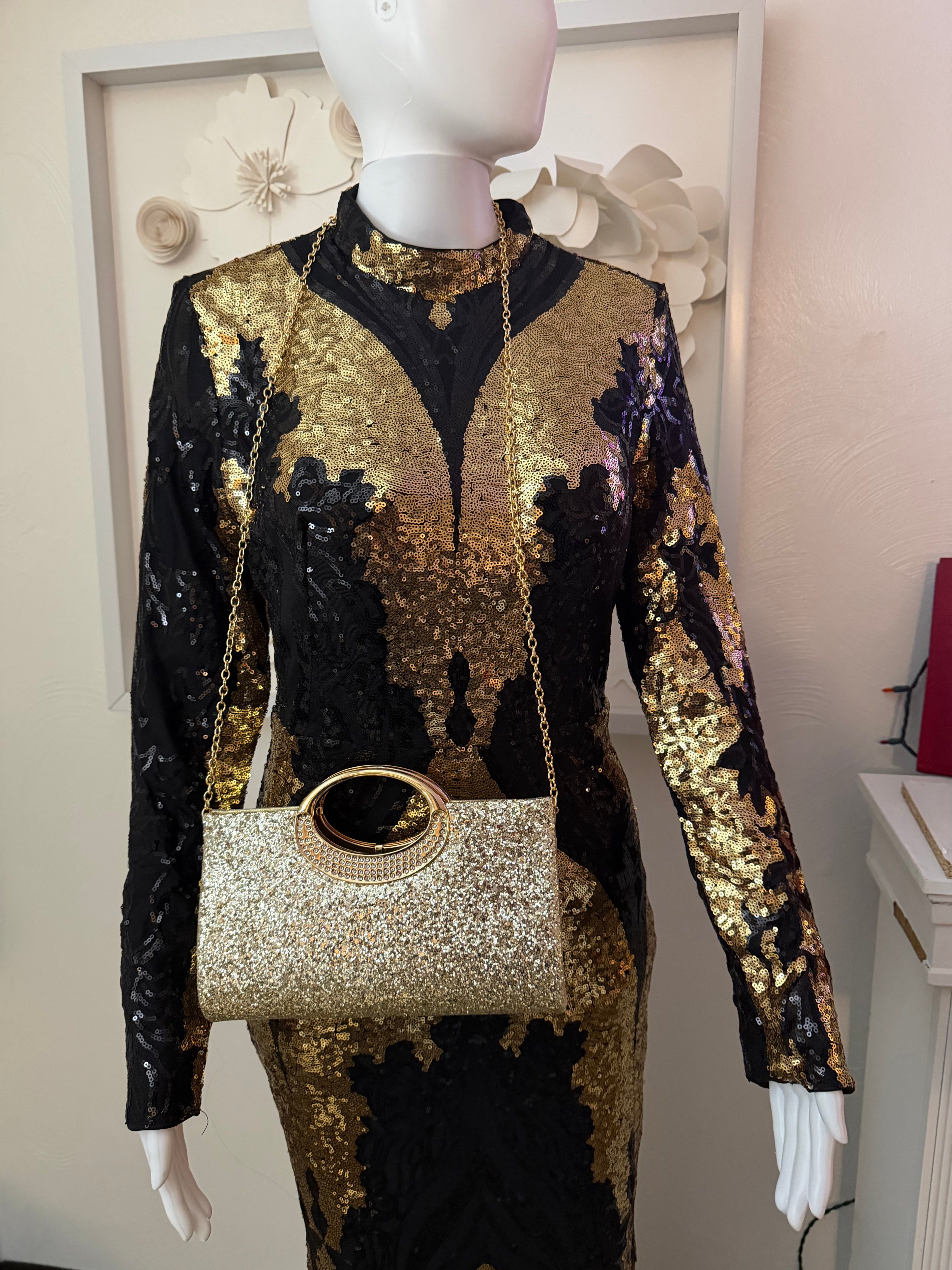 3 piece Black & Gold Sequin Evening Gown with Black Pumps and Gold Clutch set