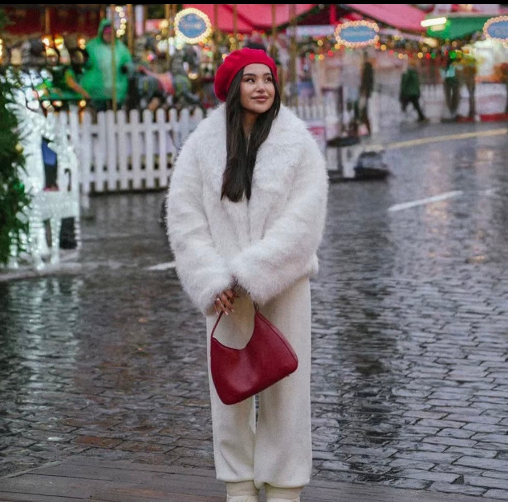 Luxury Women's White Faux Over Coat - Elegant Long Faux Fur Jacket with Oversized Collar for Winter