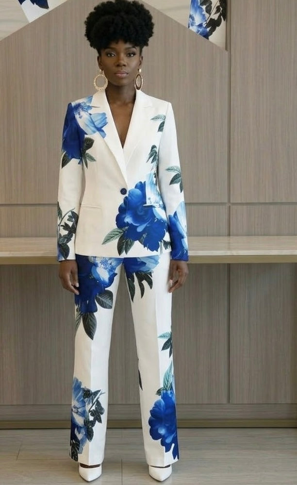 Women’s Floral Print Suit Set, Designer Two-Piece Blazer and Flare Pants, Botanical Garden Party Outfit, Statement Tailored Suit,