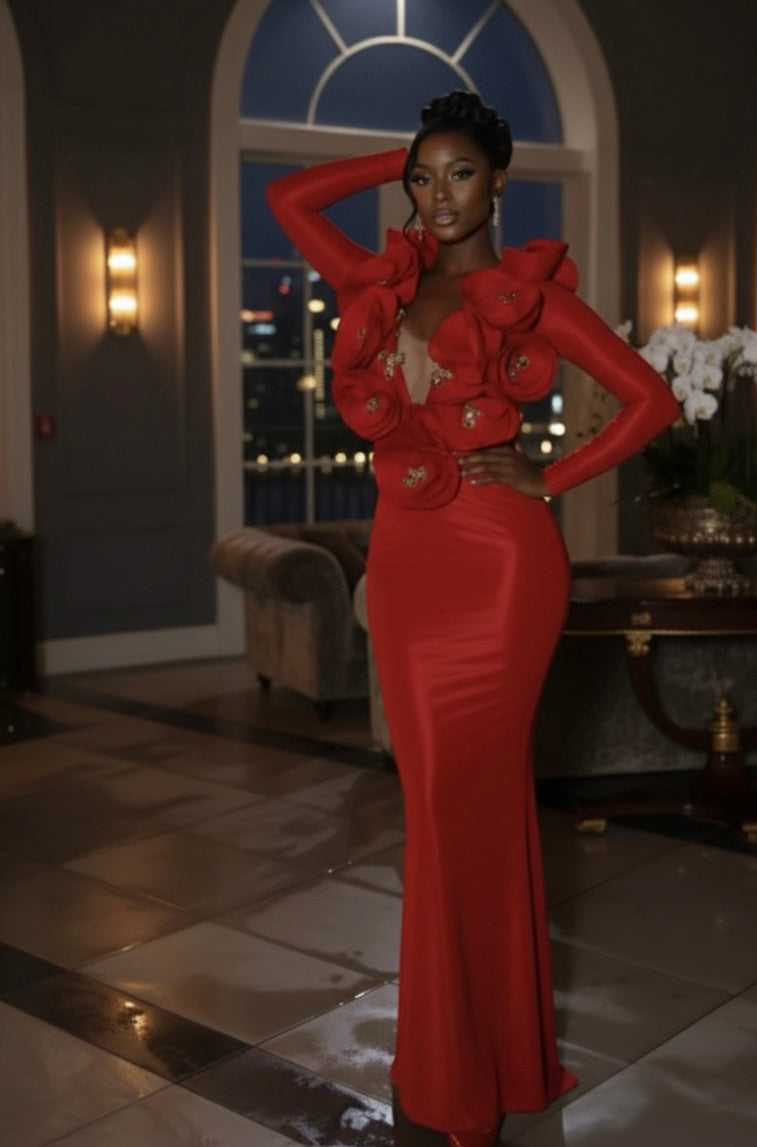 3D Rose V-Neck Bandage Dress & Earrings | Gala Outfit