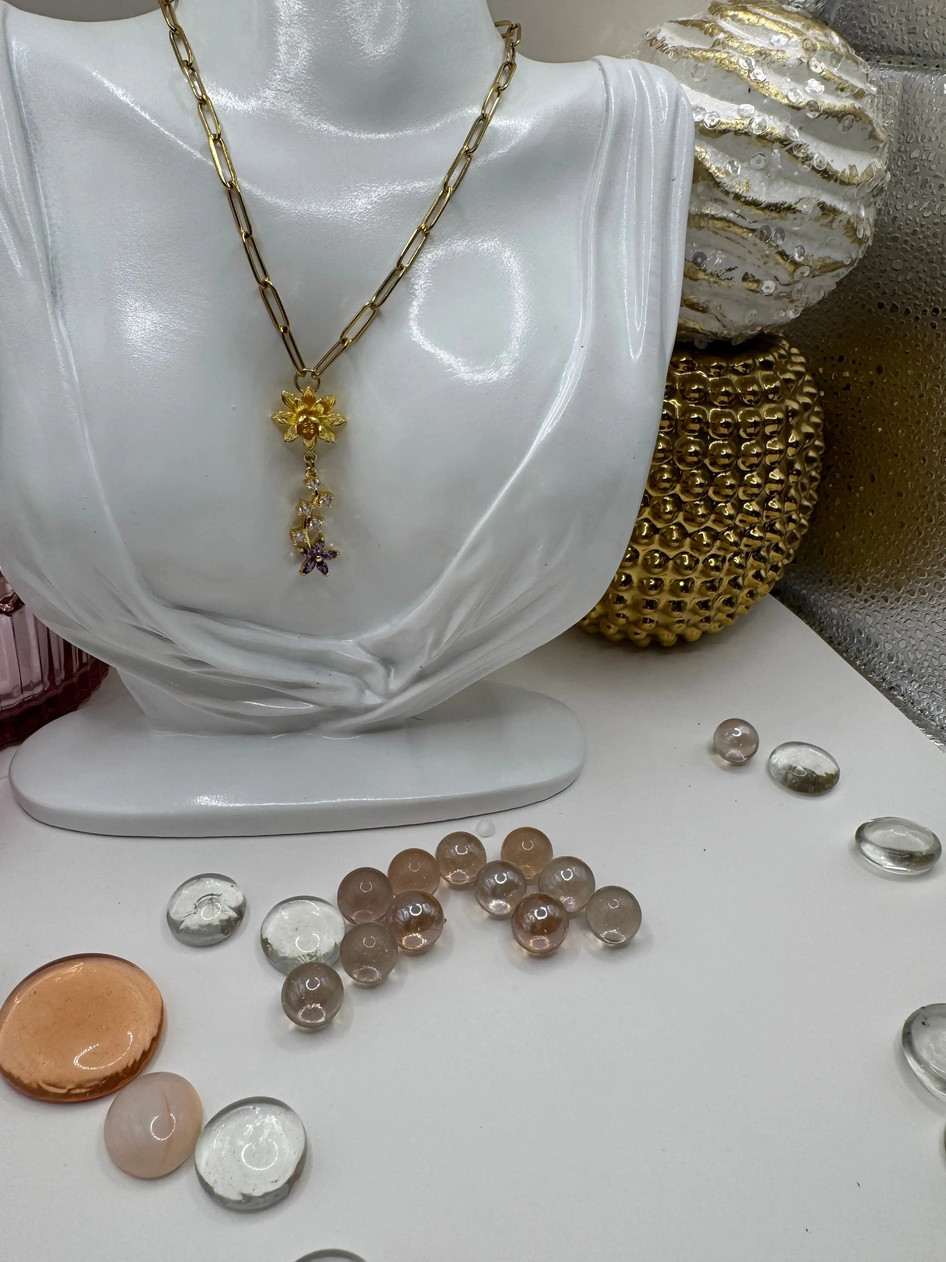 Lavender Bloom Drop – 18k Gold PVD Paperclip Chain Necklace with Floral Crystal Charms - JNi3 shop